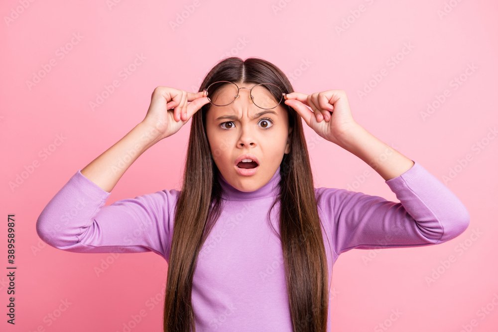 Close-up portrait of her she nice attractive pretty worried depressed long-haired girl nerd learner touching specs frowning bad mark news reaction isolated over pink pastel color background Close-up portrait of her she nice attractive pretty worried depressed long-haired girl nerd learner touching specs frowning bad mark news reaction isolated over pink pastel color background