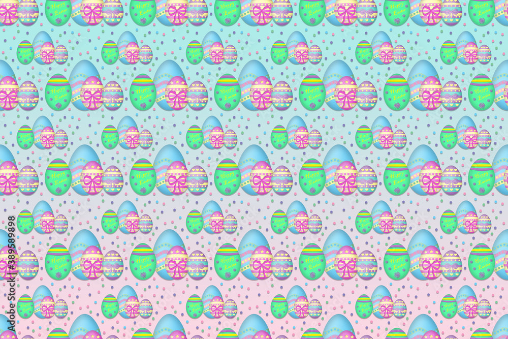 A seamless Easter background illustration of easter eggs and polka dots against a pink and blue background