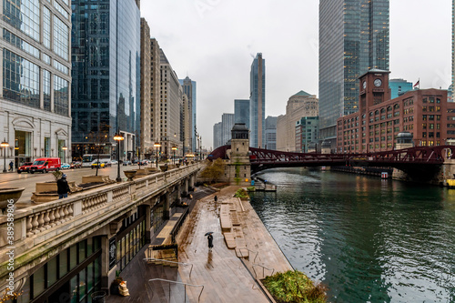 Chicago City street view on rainy day.