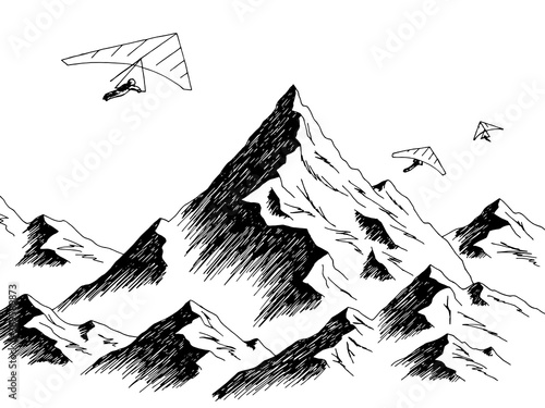 Hang glider flying in the mountains graphic black white landscape sketch illustration vector