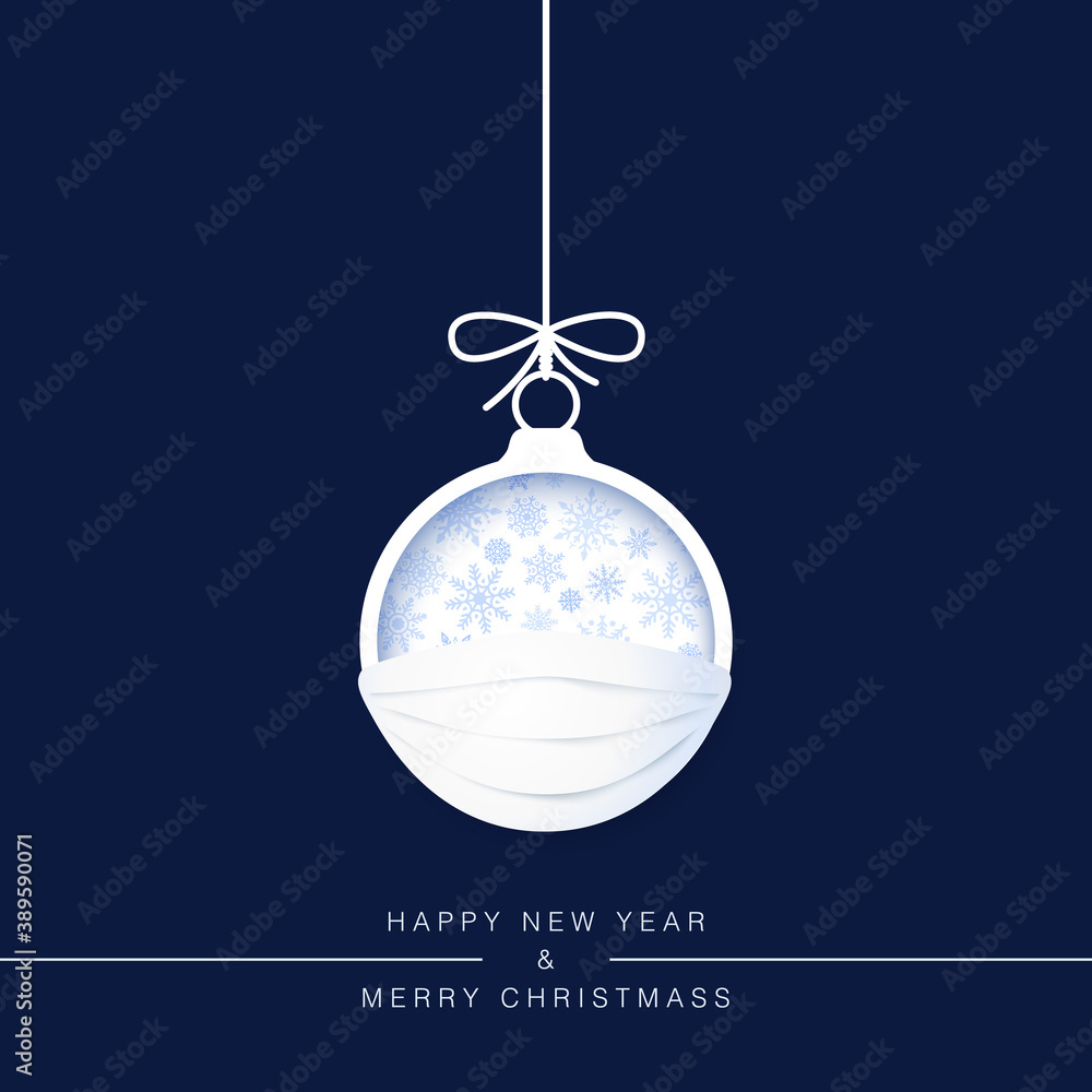 New Year Greeting Card Template. Paper cut Christmas ball in face mask symbol safety and protection by virus. Stop pandemic and happy holidays. Vector