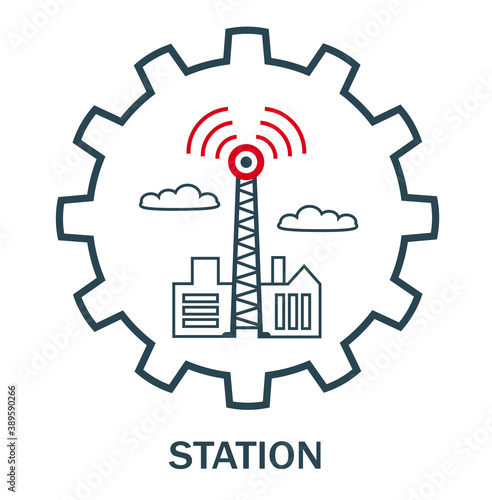 Vector illustration of the logo, icons of the wireless transmission tower, signal, communication.