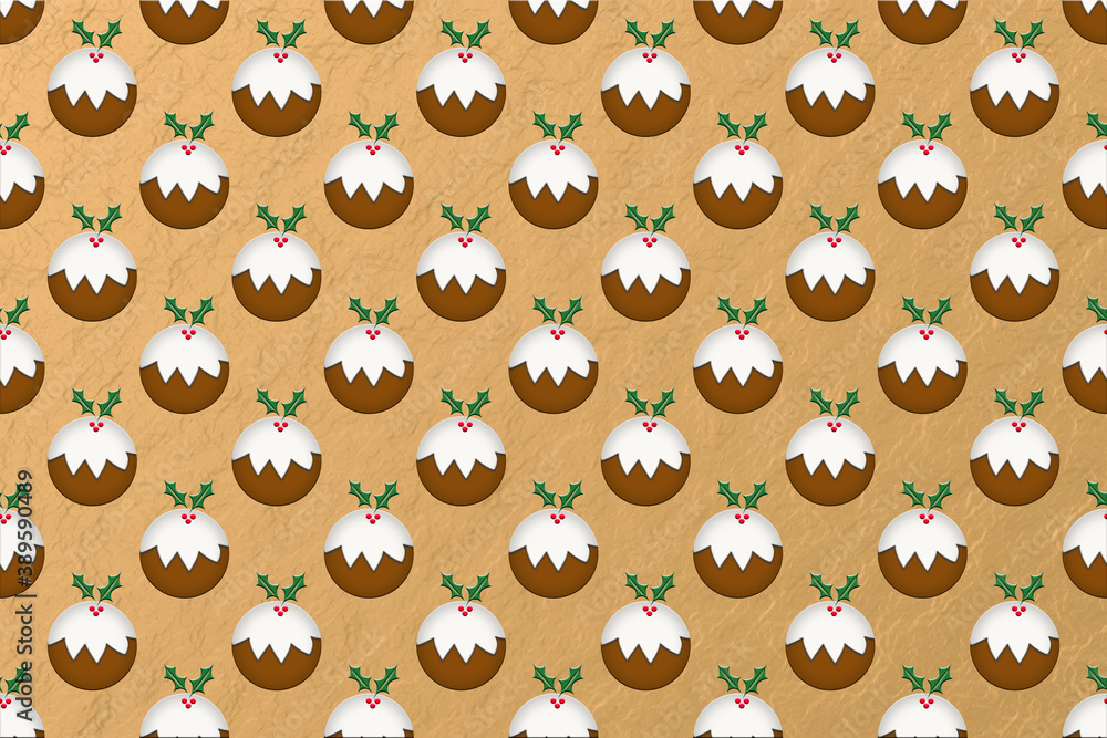 Fototapeta premium Illustration of traditional Christmas puddings with green holly and and red berries against a luxury gold background.