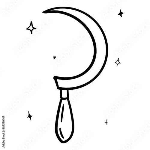Hand drawn vector isolated sickle. Black outline illustration of magic sickle. Witchcraft aesthetic tools. Garden equipment.