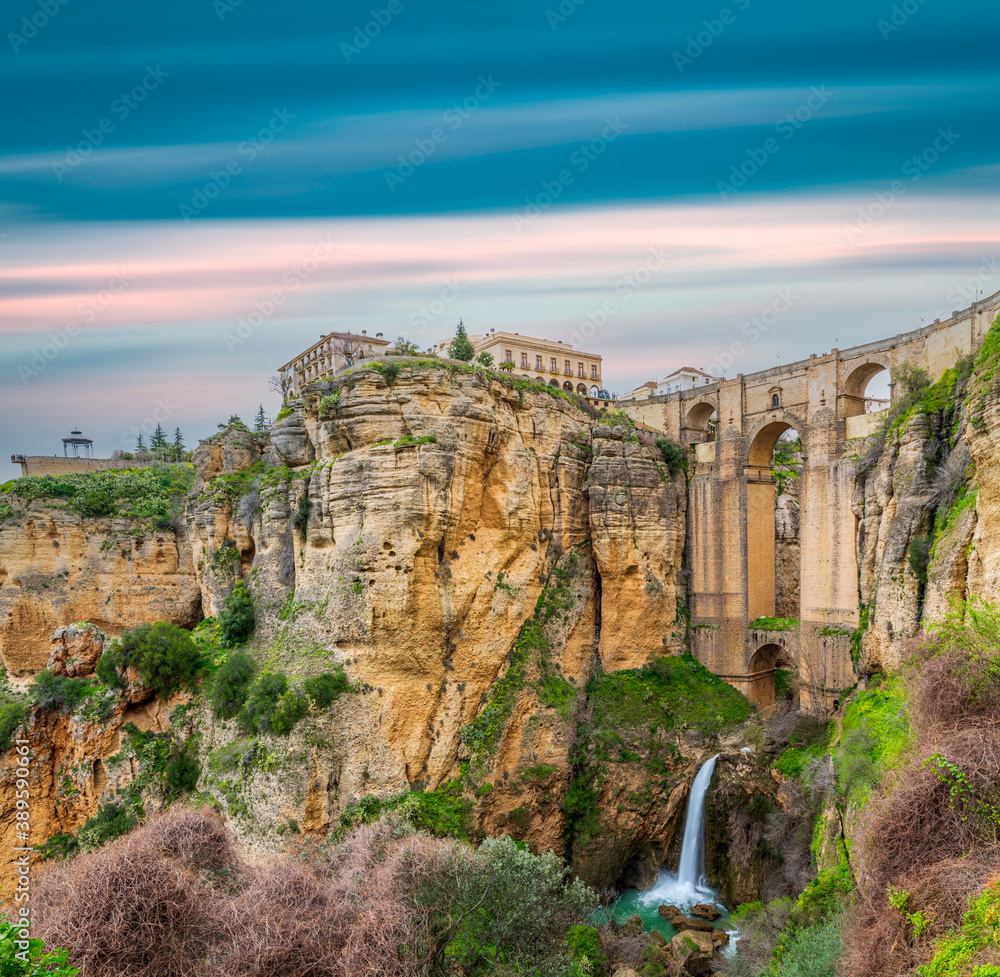 Spectacular Ronda village with bridge and waterfall