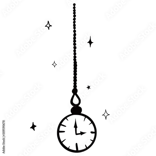 Hand drawn vector isolated  chain watch. Black outline illustration of magic watch. Witchcraft aesthetic tools.