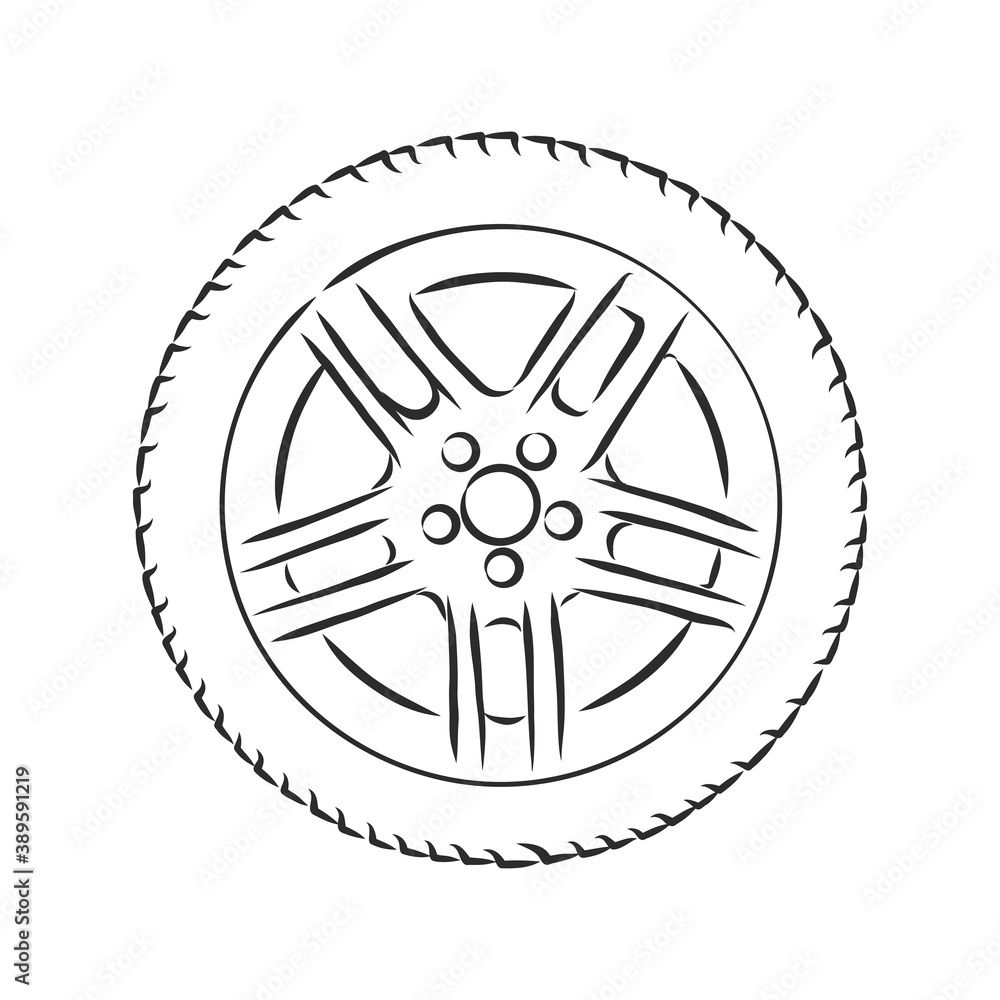 Car wheel vector sketch icon isolated on background. Hand drawn Car wheel icon. Car wheel sketch . car wheel vector sketch illustration