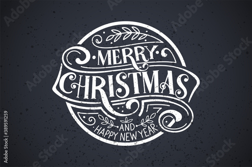 Merry Christmas and Happy New Year Vintage background with typography. Drawn by hands. Vector image.