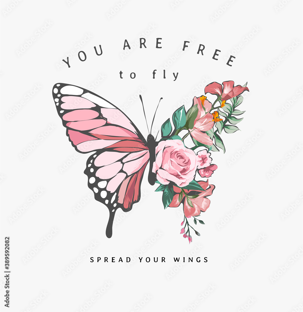 free to fly slogan with illustration of butterfly half colorful flower ...