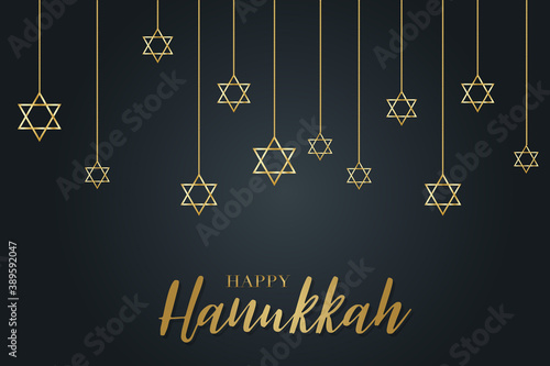 Happy Hanukkah. Traditional Jewish holiday. Chankkah banner background design concept. Judaic religion decor with garland, David star. Vector illustration. photo