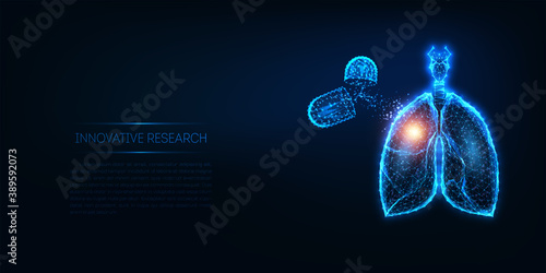 Futuristic respiratory disease medical treatment concept with glowing low polygonal lungs and pills
