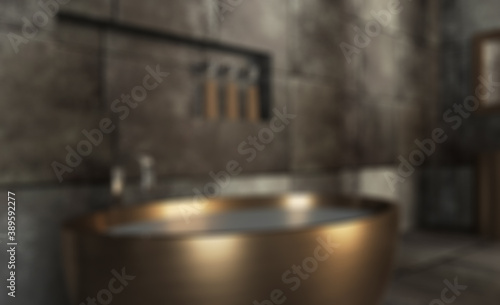 The bathroom is made of dark tiles on the walls under the metal. Bronze washbasin and bath.. 3D rendering,. Abstract blur phototography photo