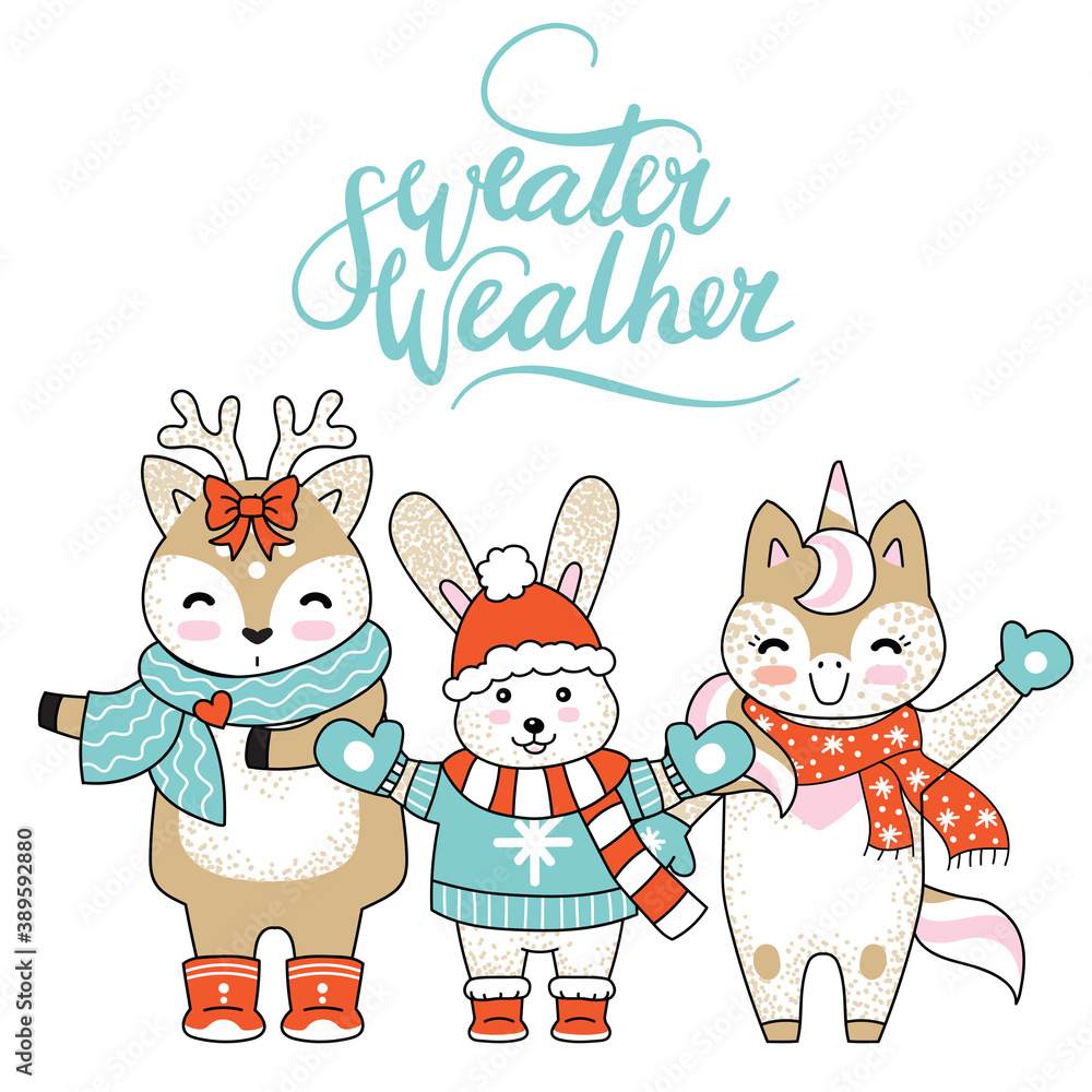 Vector Merry Christmas card with funny happy characters celebrating isolated on white background. Deer, Unicorn and Fox. Sweater weather calligraphy. For decor, design, congratulation cards, prints. Vector Merry Christmas card with funny happy characters celebrating isolated on white background. Deer, Unicorn and Fox. Sweater weather calligraphy. For decor, design, congratulation cards, prints.