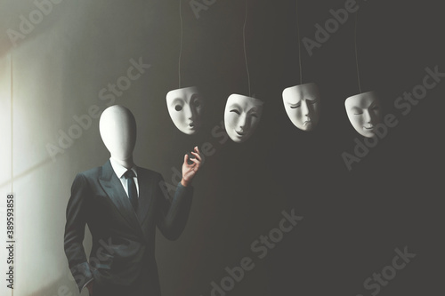 illustration of businessman without face choosing the right mask to wear, surreal identity concept photo