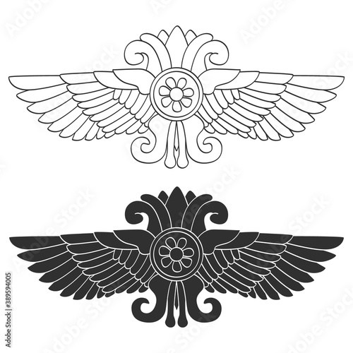 vector monochrome icon set with ancient Hittite symbol Winged sun for your project