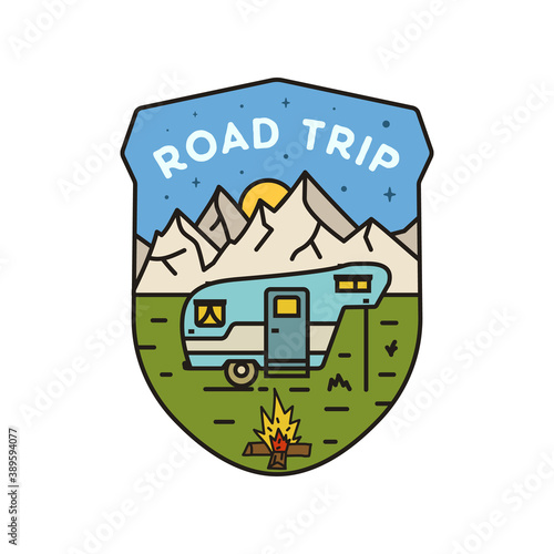 Road trip logo, camping adventure emblem design with mountains, RV trailer and travel scene. Unusual line art retro style sticker. Stock vector art
