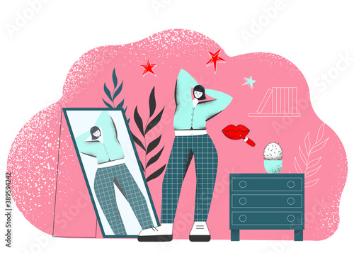 The girl admires herself in the mirror. Self-confident young girl, beautiful, modern