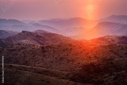 Sunset over the rolling hills of the Gamsberg pass in central Namibia