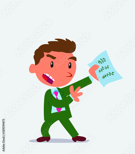 artoon character of businessman arguing effusively with document in hand.