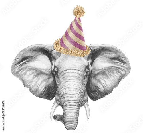 Portrait of Elephant in a festive hat. Hand-drawn illustration
