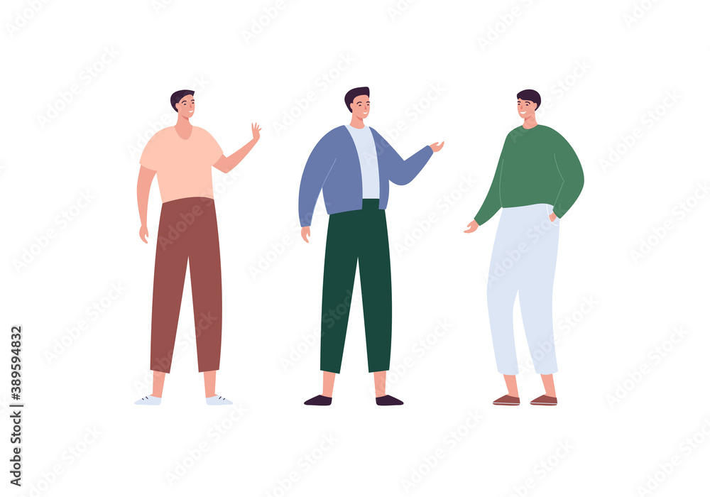 Casual character set. Vector flat modern person illustration. Male people. Man group of friend of caucasian and hispanic ethnic standing isolated on white. Design element. Contemporary style. Casual character set. Vector flat modern person illustration. Male people. Man group of friend of caucasian and hispanic ethnic standing isolated on white. Design element. Contemporary style.