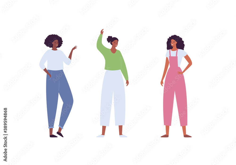 Fototapeta premium Casual character set. Vector flat modern people illustration. Woman group of friend of african american ethnic standing isolated on white background. Design element. Contemporary style.