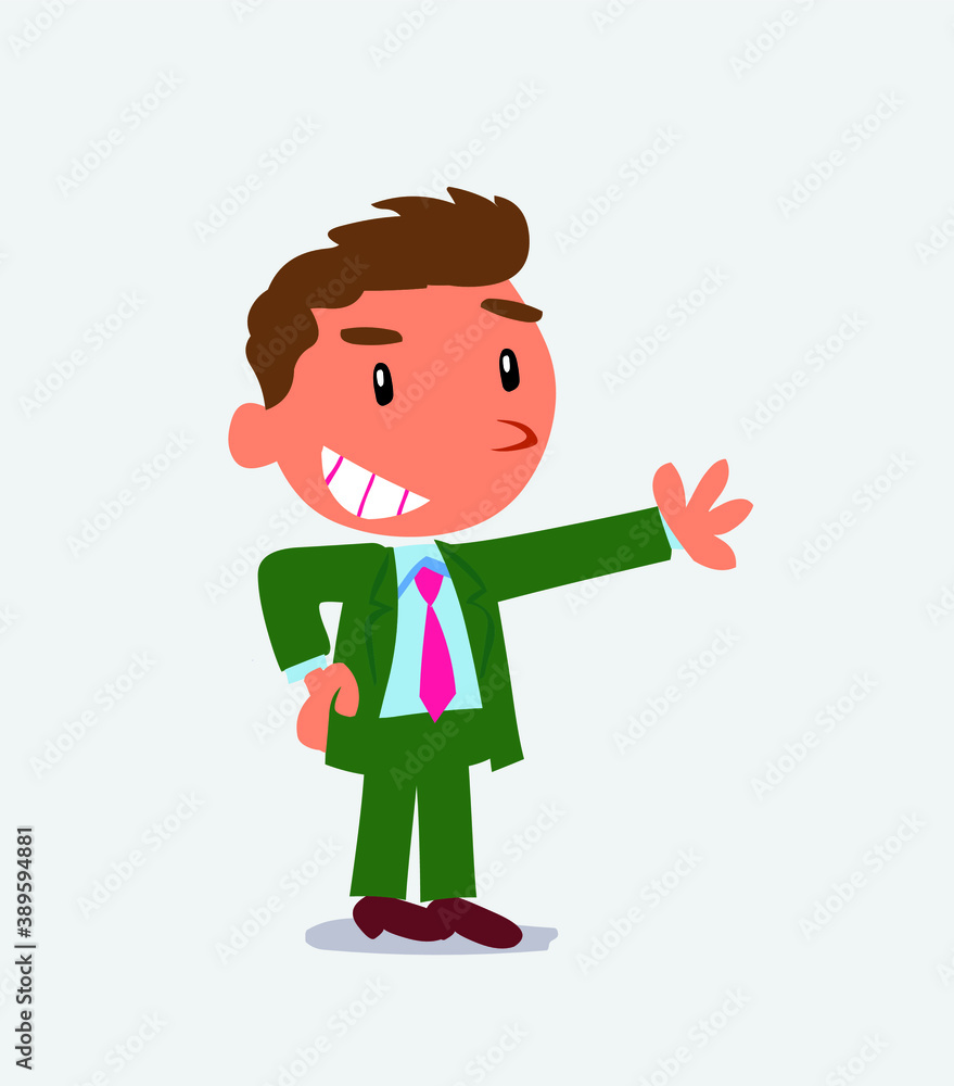 Pleased cartoon character of businessman points to something. Pleased cartoon character of businessman points to something.