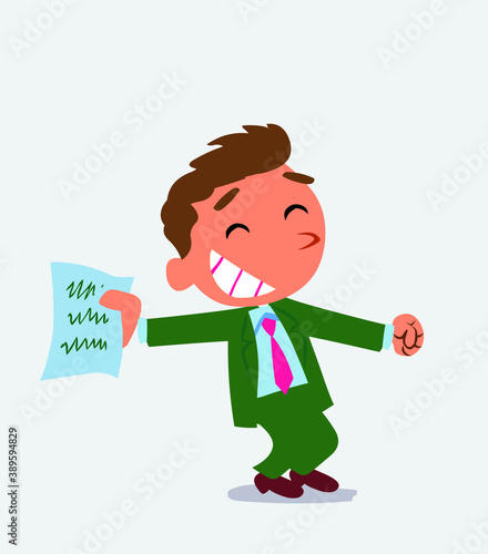 happy cartoon character of businessman rejoices with document in hand.