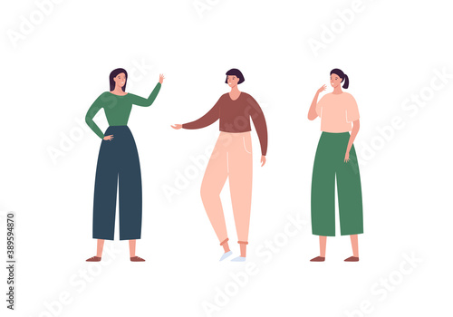 Casual character set. Vector flat modern person illustration. Female people. Woman group of friend of caucasian and hispanic ethnic standing isolated on white. Design element. Contemporary style.