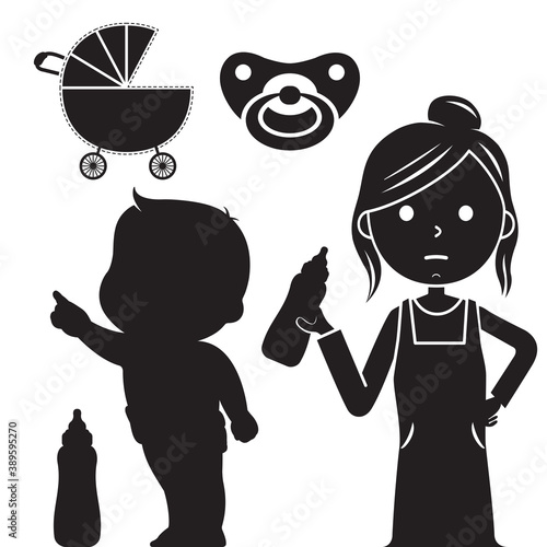 Mom, stroller, bottle, baby, pacifier. Vector set