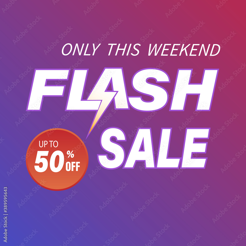 Fototapeta premium Flash Sale Banner. Up to 50% discount.Limited time offer.Purple-blue gradient background.
