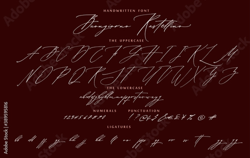 Handwritten script cursive calligraphy font Buongiorno Italian hello Rastellino vector alphabet set photo
