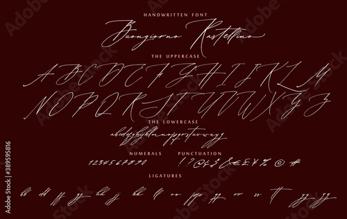 Handwritten script cursive calligraphy font Buongiorno Italian hello Rastellino vector alphabet set