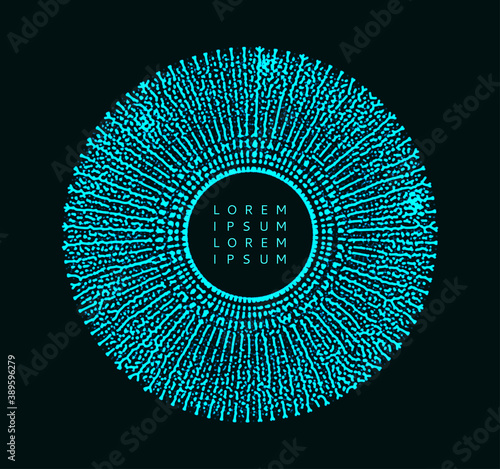Small particles strive out of center. Space vortex. Abstract grid design. Vector illustration in technology style. Can be used for science, chemistry or education.