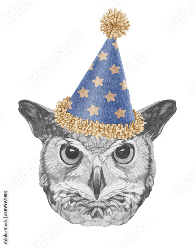 Portrait of Owl in a festive hat. Hand-drawn illustration