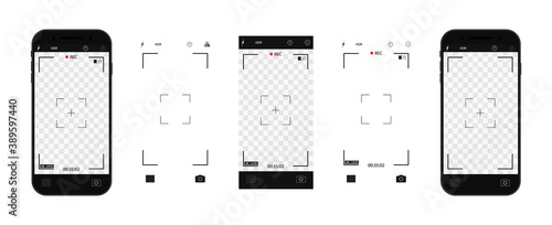Camera interface in phone screen. Photo, video ui in cellphone. App for record from mobile cam. Viewfinder, grid, focus, button and rec. Smartphone mockup for photography, selfie and video. Vector