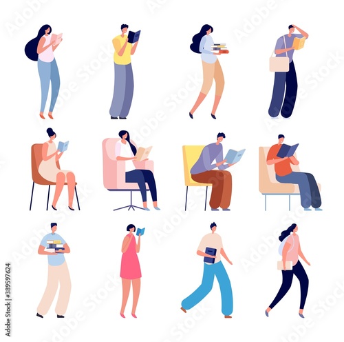 People reading books. Person group read, student in chair in library or bookstore. Girl boy study literature, education vector characters. Sitting and learning, reading literature book illustration