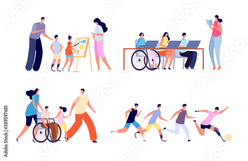 Disabled children. Disability activity  young girl in wheelchair at school. Handicapped kids in family  education for all vector concept. Girl in wheelchair  disability and rehabilitation illustration