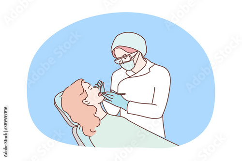 Health, care, medicine, dentistry concept. Woman doctor dentist checking examinates healing teeth of patient in special chair. Routine dental checkup procedure or toothache oral treatment illustration