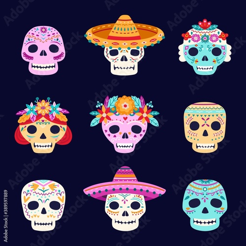 Dead day skulls. Mexican skeleton, skull wearing sombrero latinas hat. Scary halloween elements, spooky death faces with flowers vector set. Illustration mexican skull, halloween colorful muertos