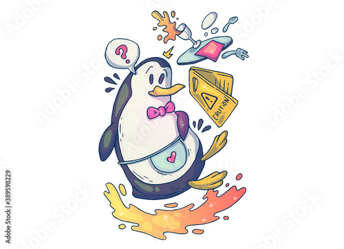 A clumsy penguin waiter. Creative cartoon illustration. Picture for print, advertising, applications and T-shirt print.