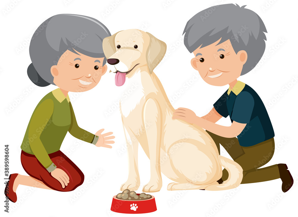 Old couple playing with cute dog on white background Old couple playing with cute dog on white background