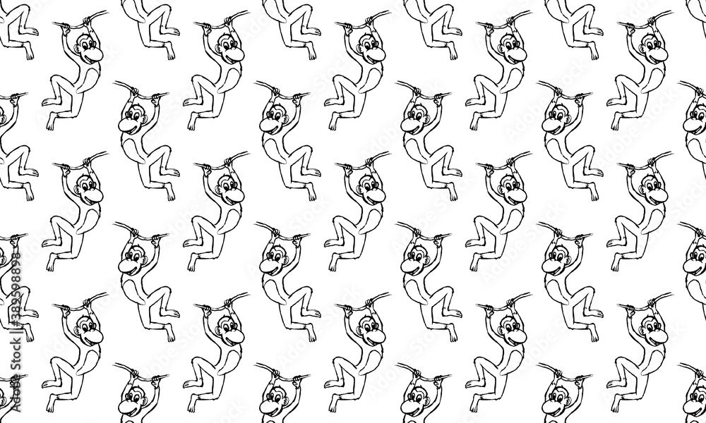 Funny monkey illustration. Seamless pattern. Hand drawn vector jungle animal with playful face. Character for children's book, poster, print or design element.