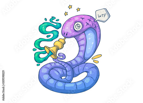 A funny snake with a hypnotizing pipe. Creative cartoon illustration. Picture for print, advertising, applications and T-shirt print.