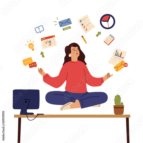 Business woman meditate. Calm emotions, healing body and mind on office. Girl control stress yoga meditation, balance vector concept. Exercise awareness and meditate relax, calm in office illustration