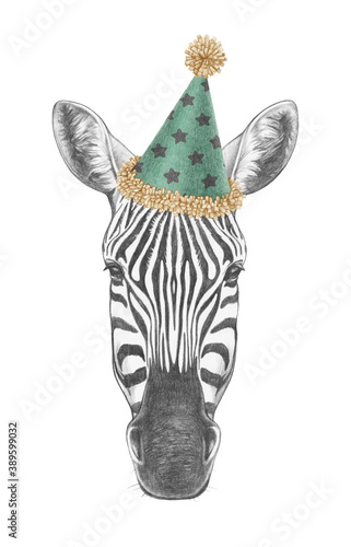 Portrait of Zebra in a festive hat. Hand-drawn illustration © Victoria Novak