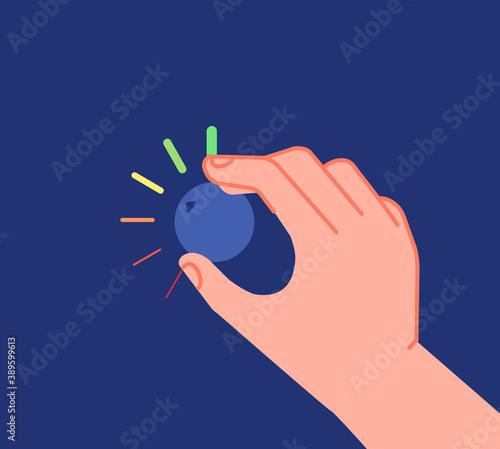 Hand turns button. Low high levels, volume equalizer or change reduction knob. Businessman setting investment utter process vector metaphor. Illustration lowest optimization, controller regulation