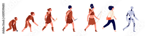 Evolution of woman. Human growth, cartoon business human and primitive caveman. Homo development ape to lady robot vector concept. Illustration monkey and robot development, human evolution growth