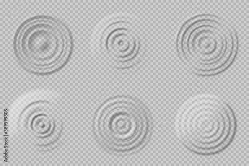 Realistic water circles. Top view round waves, transparent ripple drop impact. Reflect clear liquid, grey splash surface shadow vector set. Illustration water liquid, ripple circle transparent