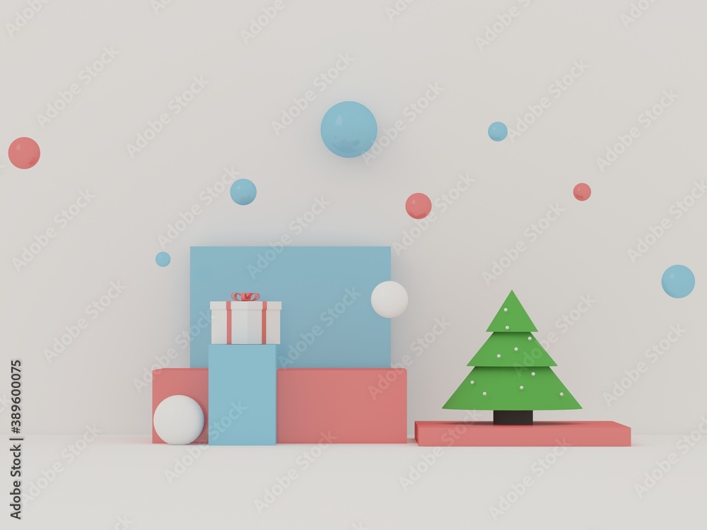 3d render of New Year 3D illustration - green christmas  tree and gift box on a white background. Blank space at the top for text